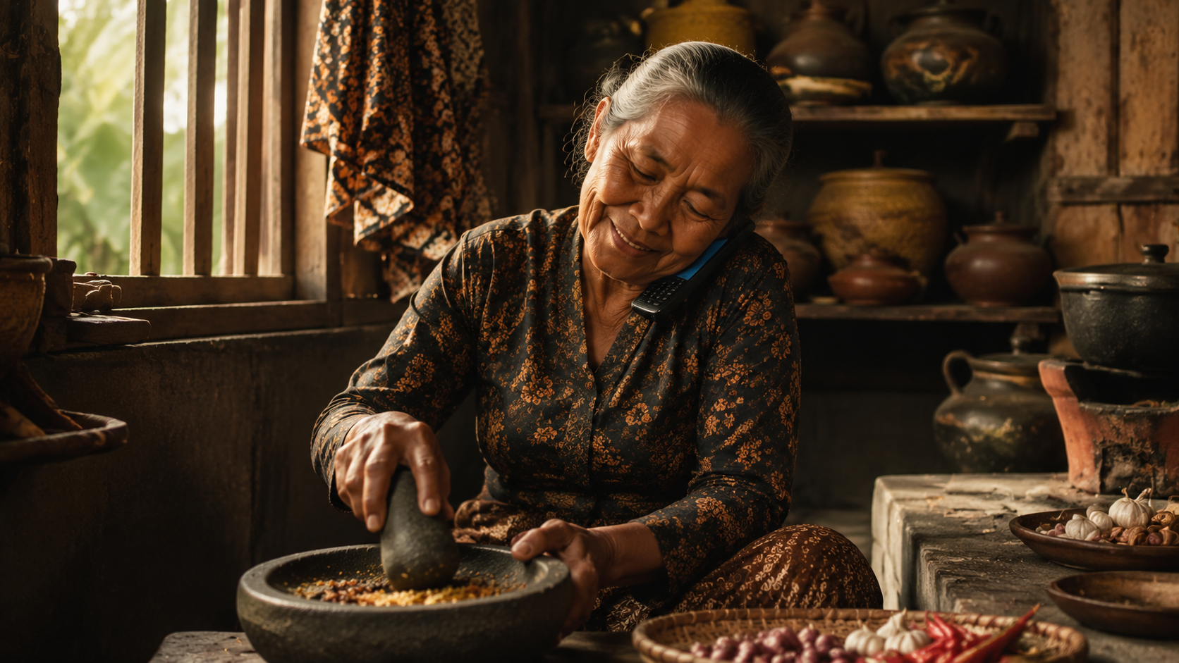 Nenek Jawa menelepon cucunya yang bertanya "apa itu weton jawa?" sambil menumbuk bumbu, momen sehari-hari yang lekat dengan tradisi Weton Jawa