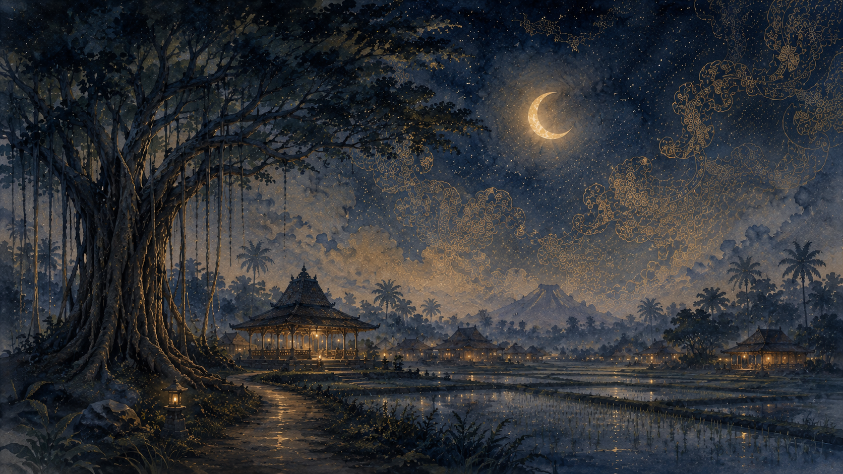 Ilustrasi malam tenang menggambarkan makna spiritual dan watak weton Jumat Kliwon dalam budaya Jawa